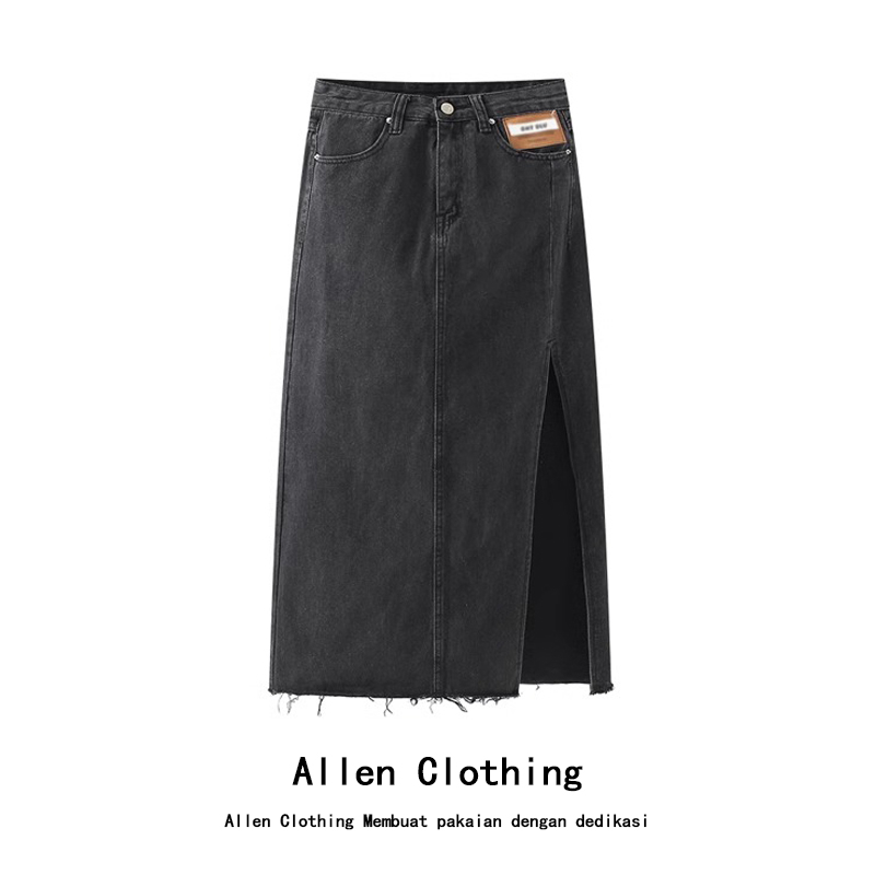 Allen Clothing Rok denim A-line pinggang tinggi wanita gaya Korea