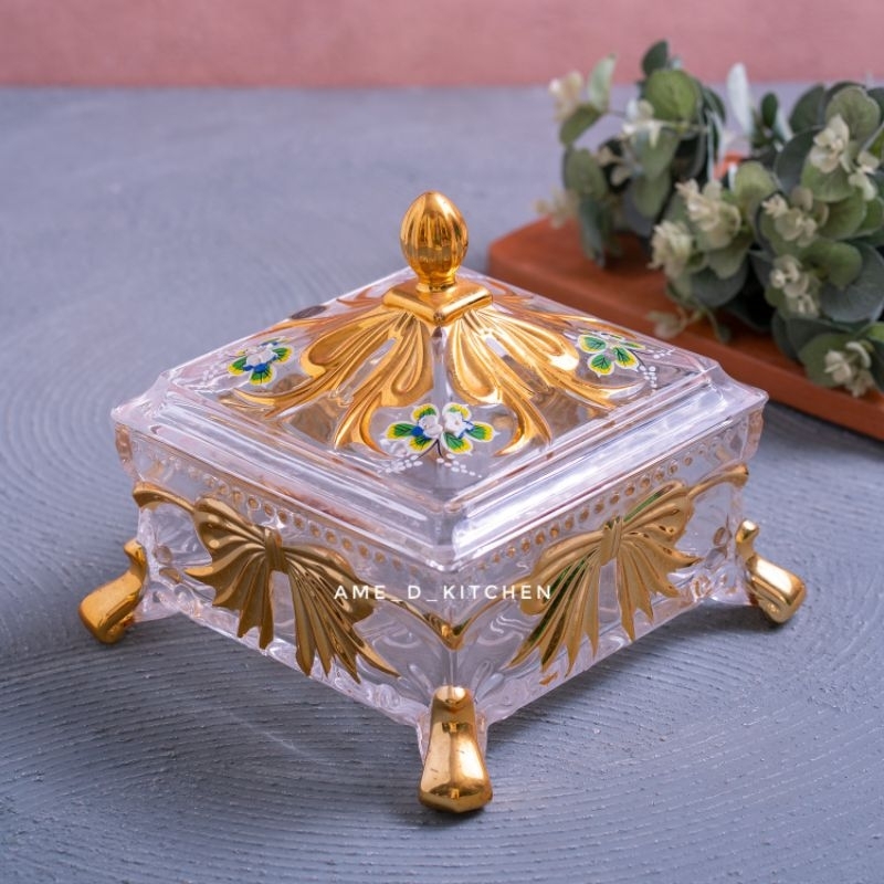 Candy pot gold segi motif pita/ Tempat permen kristal gold segi formia