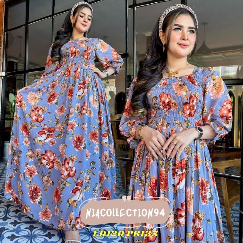 LAURA DRESS KERUT JUMBO LD 120 KEKINIAN VIRAL DRESS CANTIK DRESS SULTAN MOTIF BUNGA MANIS WARNA LILA