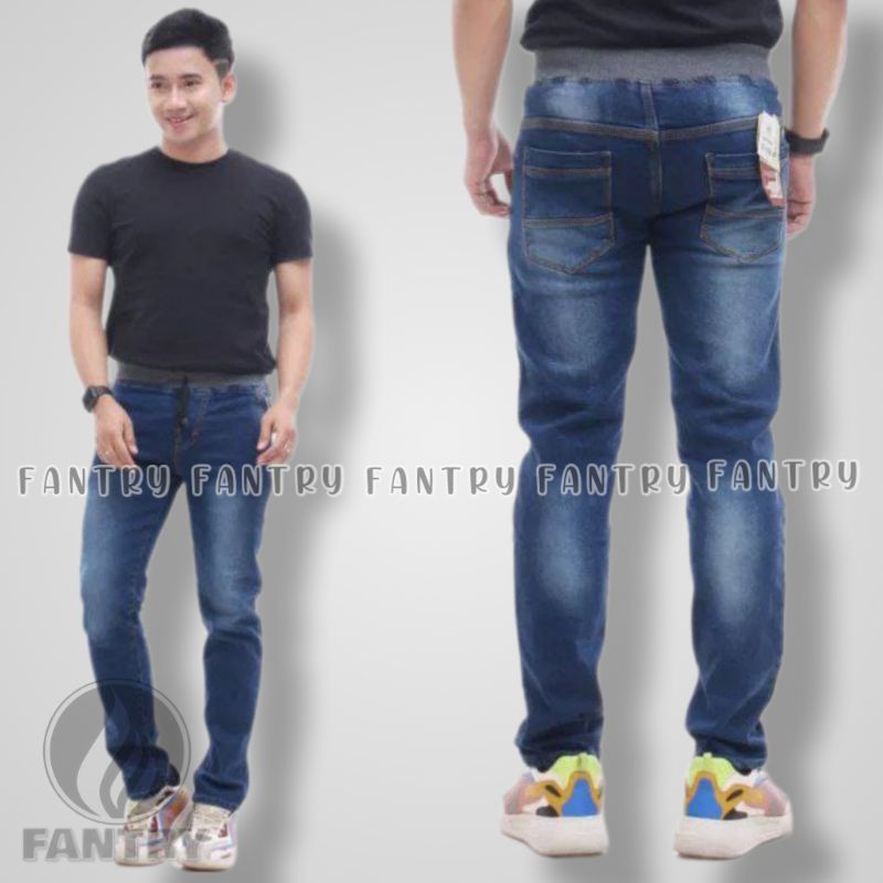 Celana Jeans Pria Jumbo Pinggang Karet Original Hitam