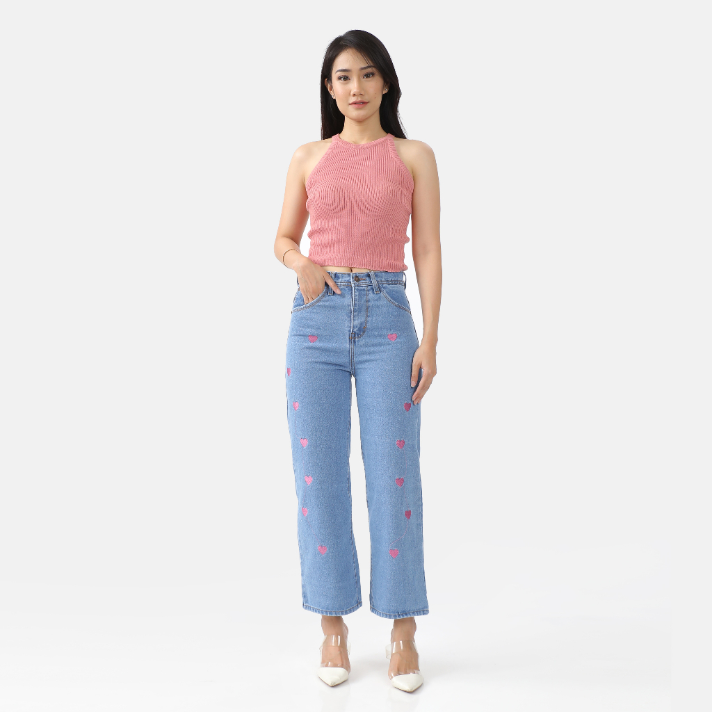 Celana Panjang Kulot Jeans Highwaist Wanita Boyfriend Jeans Bordir Love Pink Zanifa
