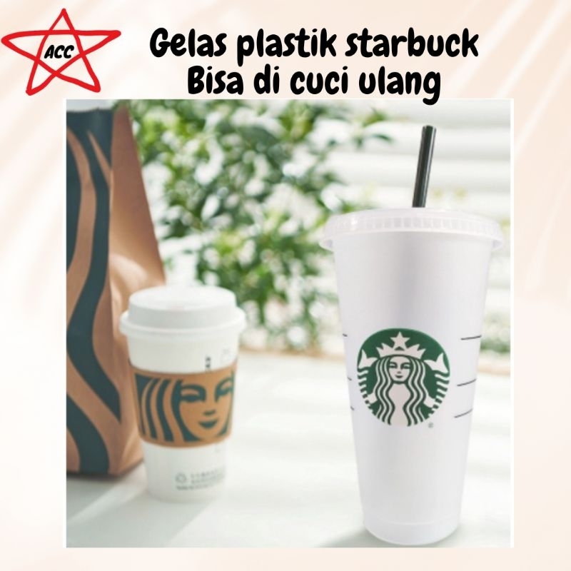 GELAS PLASTIK STARBUCKS + TUTUP FLAT ASLI ORIGINAL / GELAS STARBUCKS BISA DICUCI ULANG / GELAS PLAST
