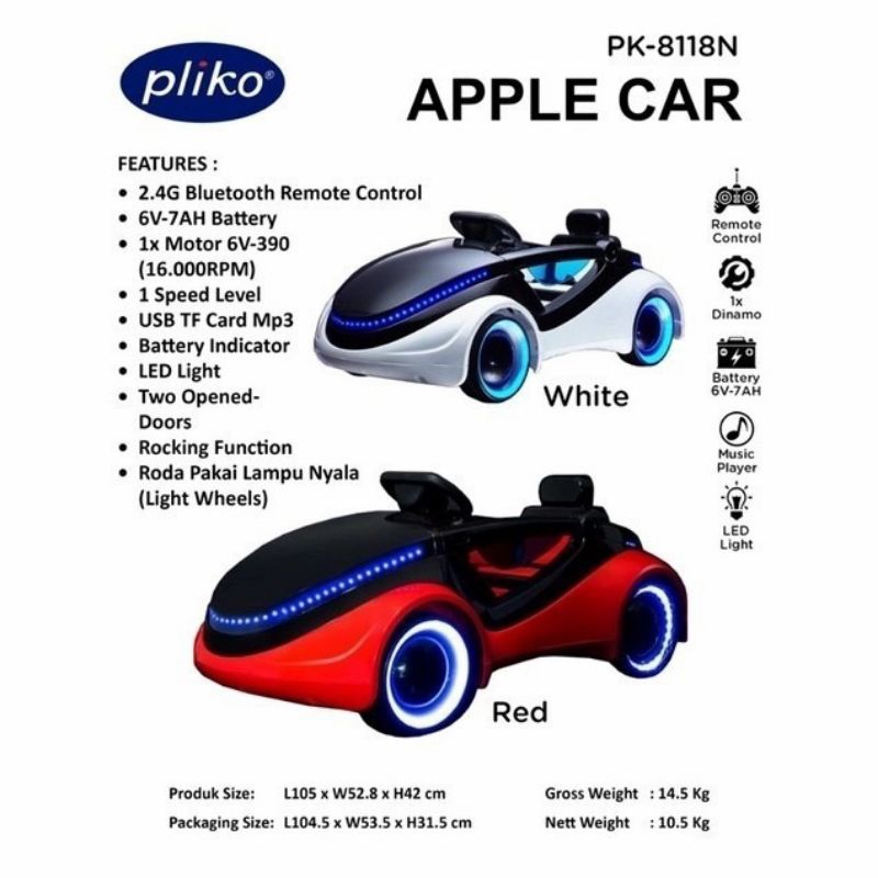 MOBIL AKI MAINAN ANAK APPLE CAR PLIKO PK-8118N
