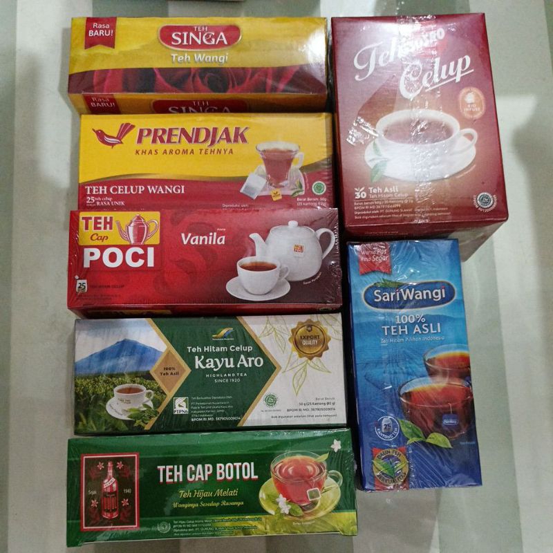 

Teh Sariwangi , teh singa, teh prenjak, teh poci, teh kayu aro, teh botol, teh sosro
