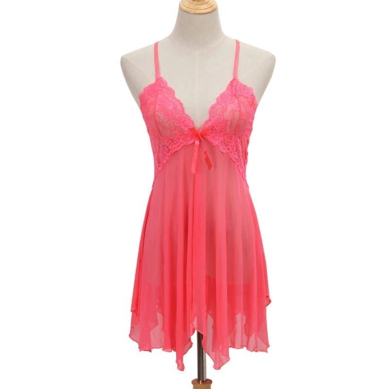 Pakaian  ligerie seksi V neck model renda serat mesh eksotis-Pink