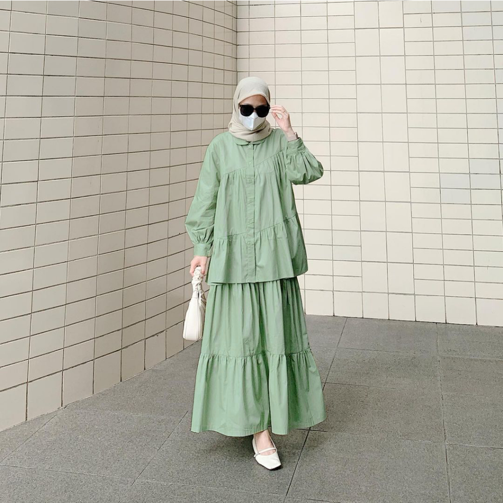 Naura Oneset Polos Jumbo Setelan Rok Atasan LD 110 Stelan kemeja wanita kekinian setrok