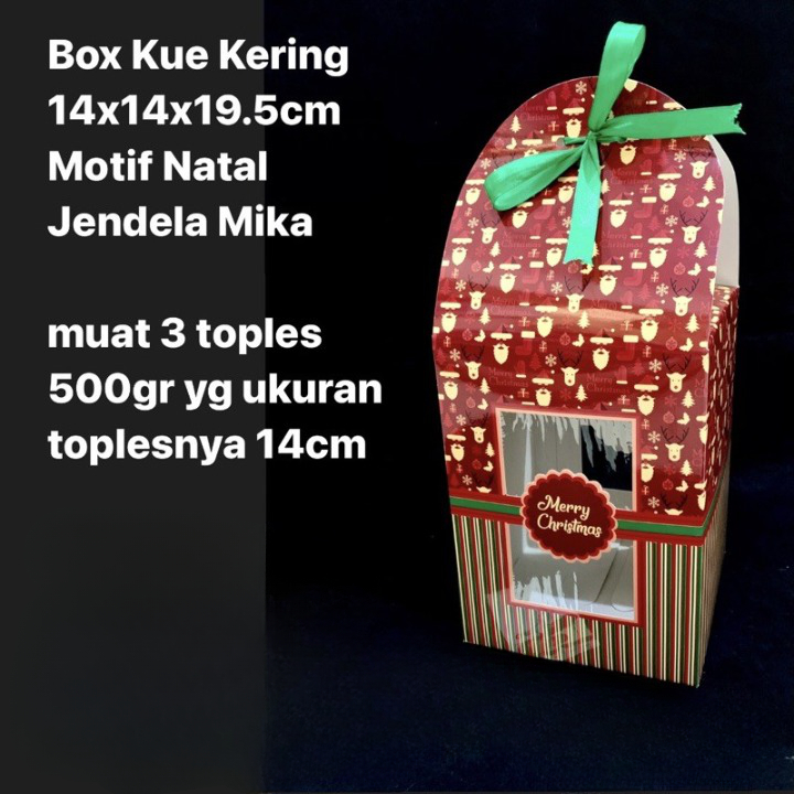 

Kardus kue box kue kering 14x14x19.5 cm isi 3 toples motif Natal jendela mika motif Sinterklas pita hijau