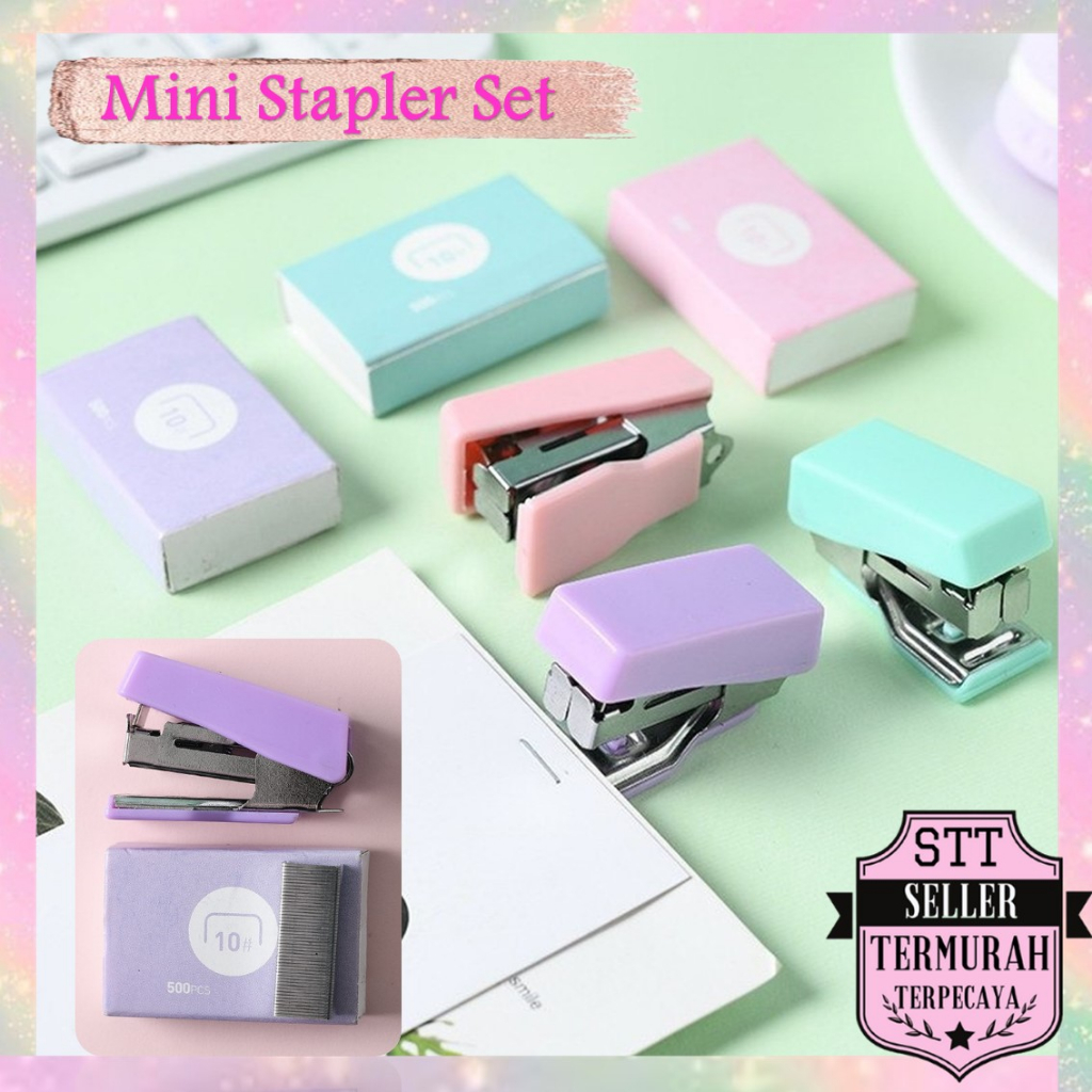 

STT Mini Stapler Set Macaron Color Staples Mini Ukuran Kecil Unik Kemasan Box Lucu Free Isi Warna Pastel Perlengkapan Kantor