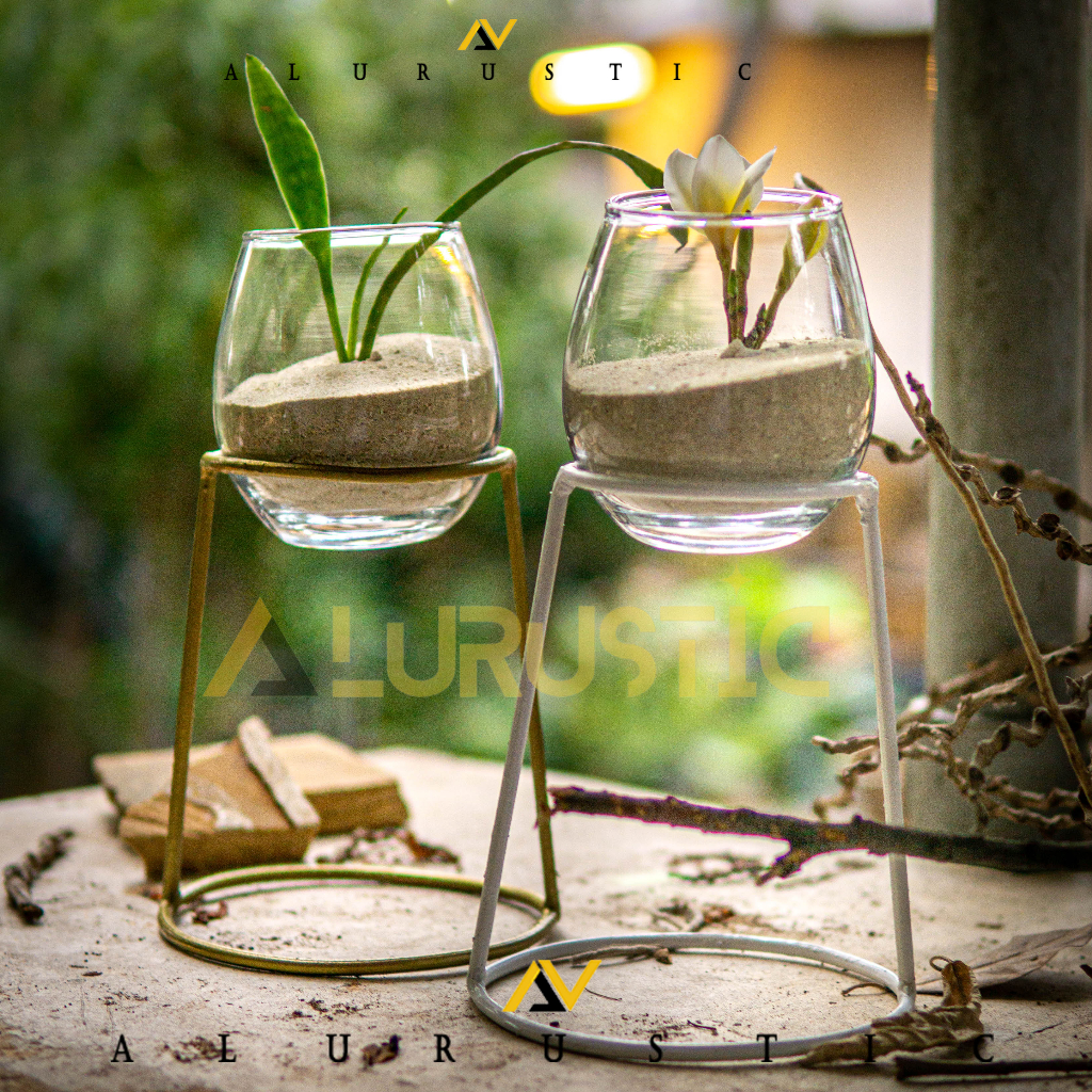 VAS BUNGA KACA STANDING BESI-O / POT BUNGA TANAMAN AIR HIDROPONIK / TERARIUM KACA MINI / 1SET VAS KA