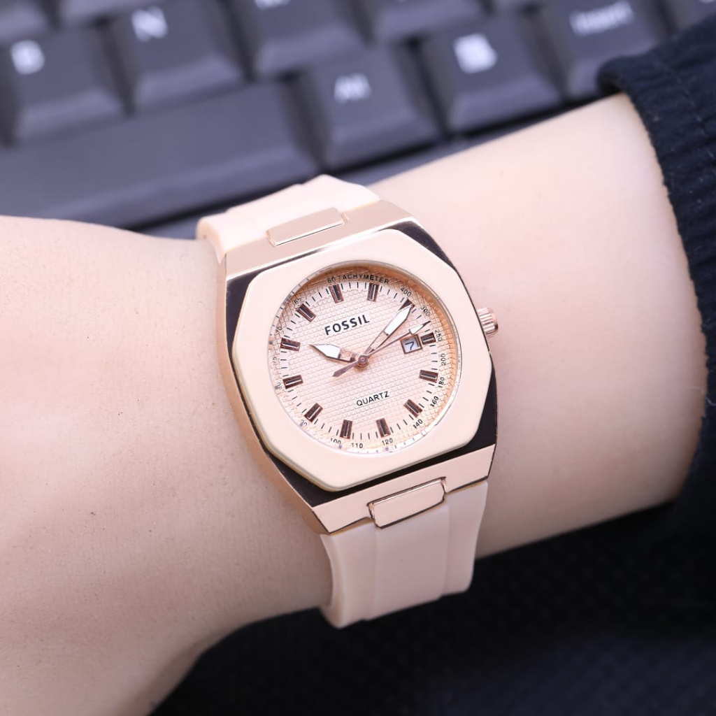 Promo Jam Tangan Wanita Foss 5019Zw Body Segi Analog Tali Rubber Tanggal Aktif