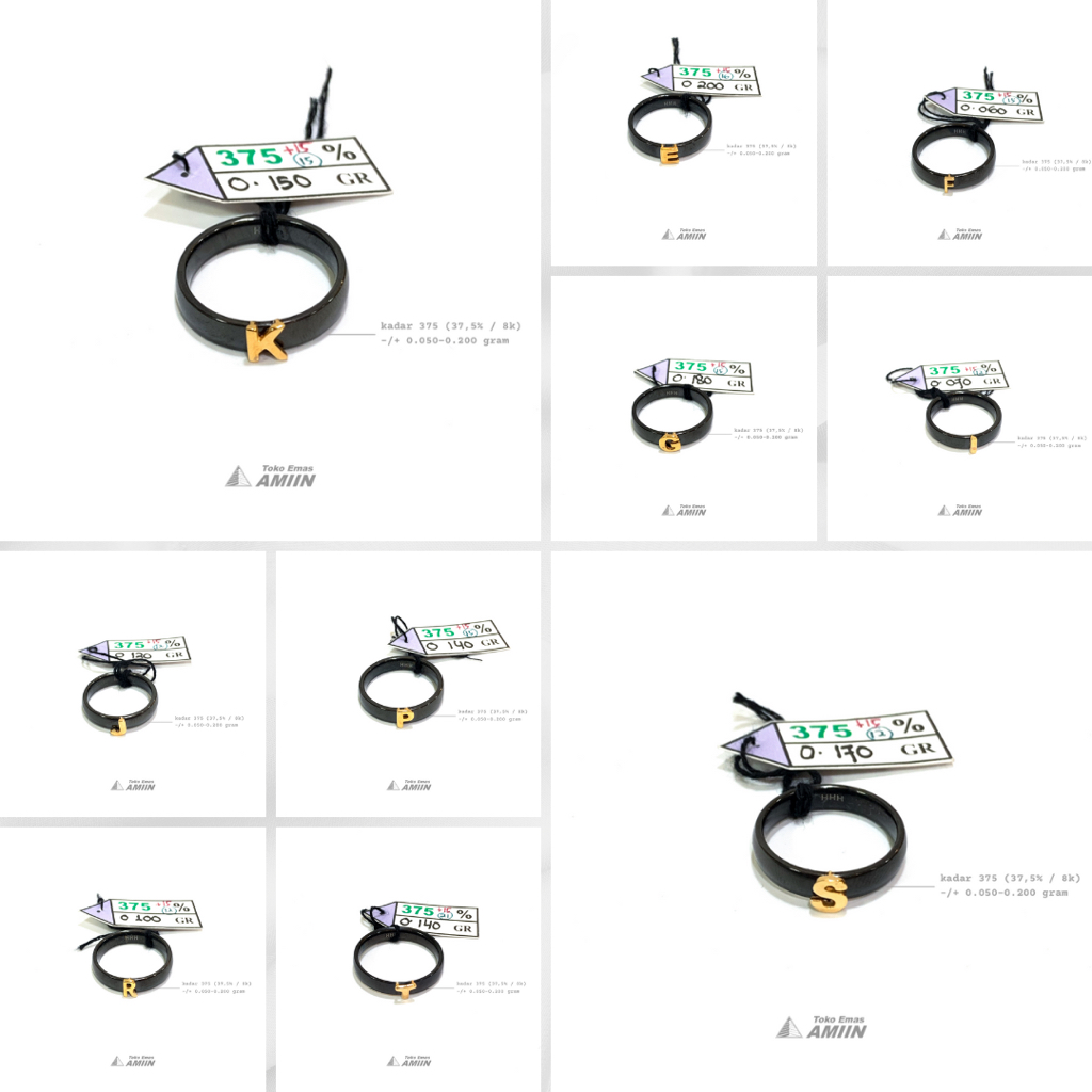 Toko Emas Amiin Cincin Emas Asli Kadar 375 (37,5% / 8K) 0.100 Gram - Fashion Keramik Hitam Huruf Ini