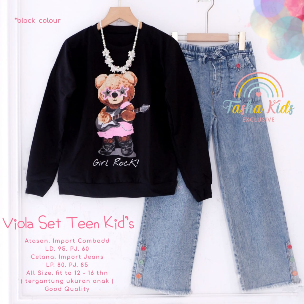 VIOLA SET TEEN KIDS SETELAN BAJU ANAK PEREMPUAN KAOS LENGAN PANJANG DAN CELANA JEANS ONESE ANAK REMA