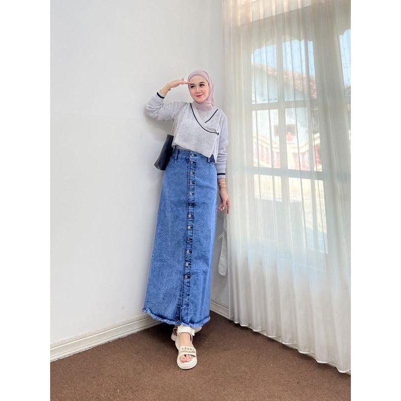 ROK SPAN JEANS KANCING TENGAH FULL STRECH PREMIUM ORI BY  SANIA COLLECTION