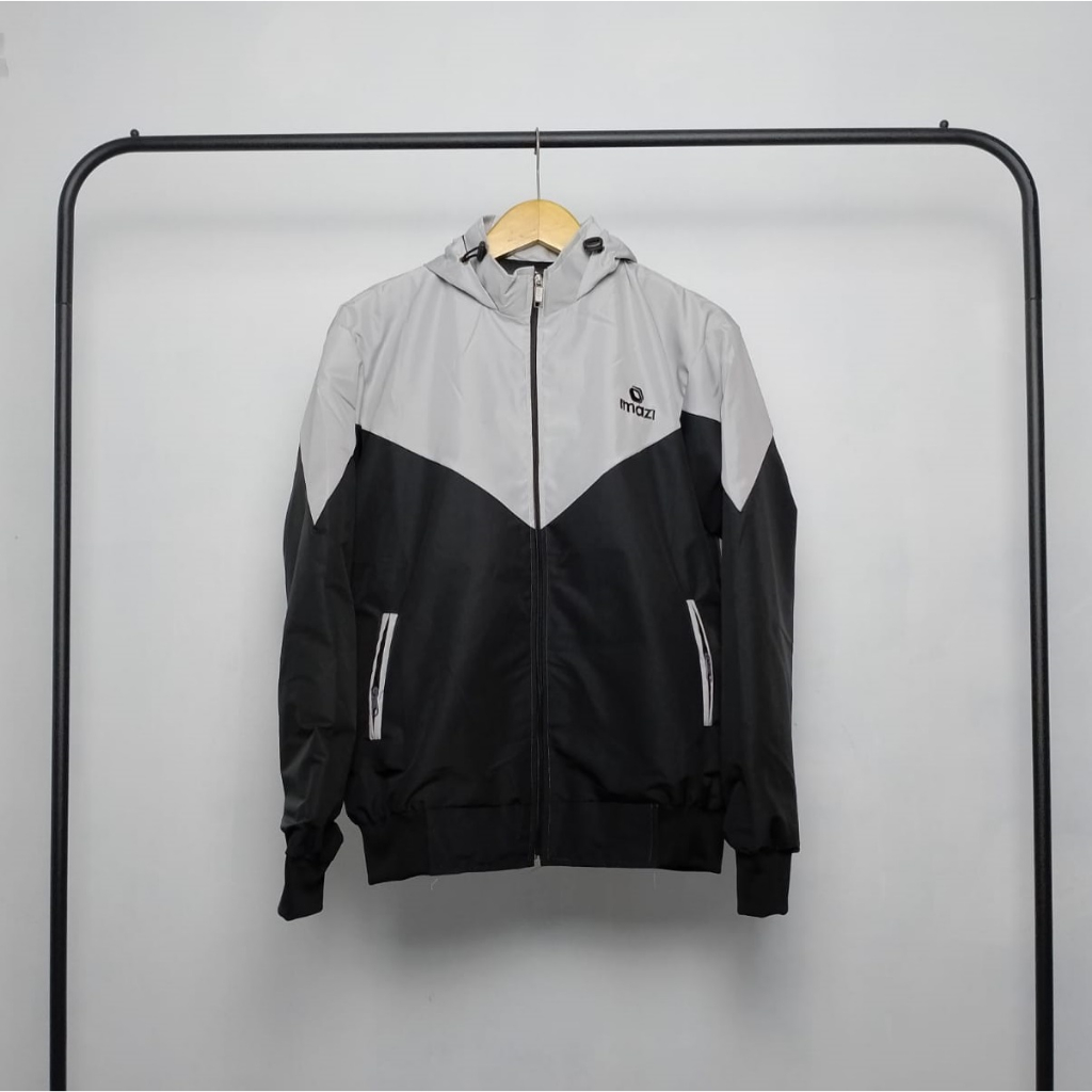 Jaket Olahraga Parasut Windrunner Kombinasi Abu Hitam