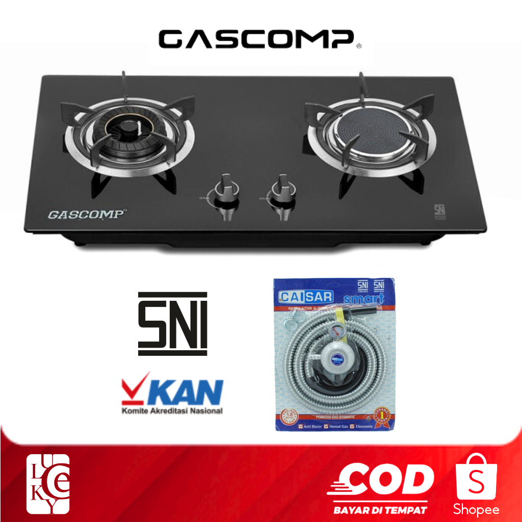 Kompor Gas Kaca 2 Tungku Gascomp 232N Tempered Glass 7mm Mix Infrared Api Biru
