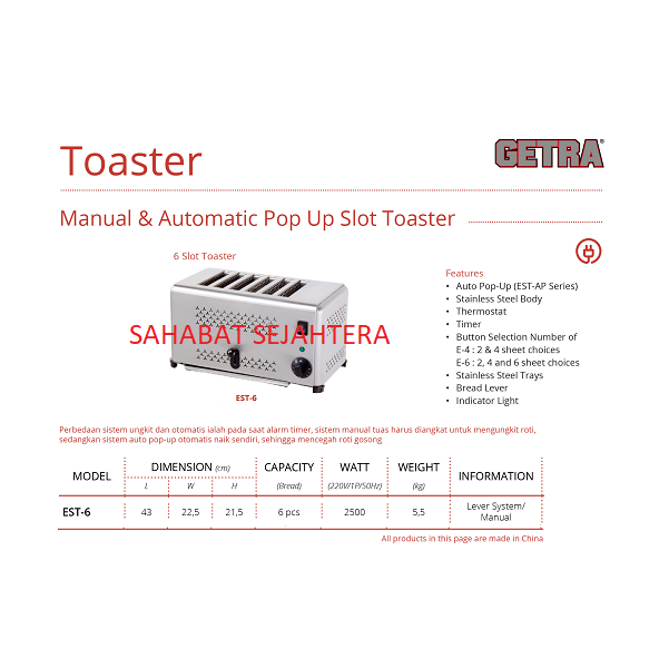 GETRA Manual Pop-up Slot Toaster EST-6 Alat Pemanggang Roti