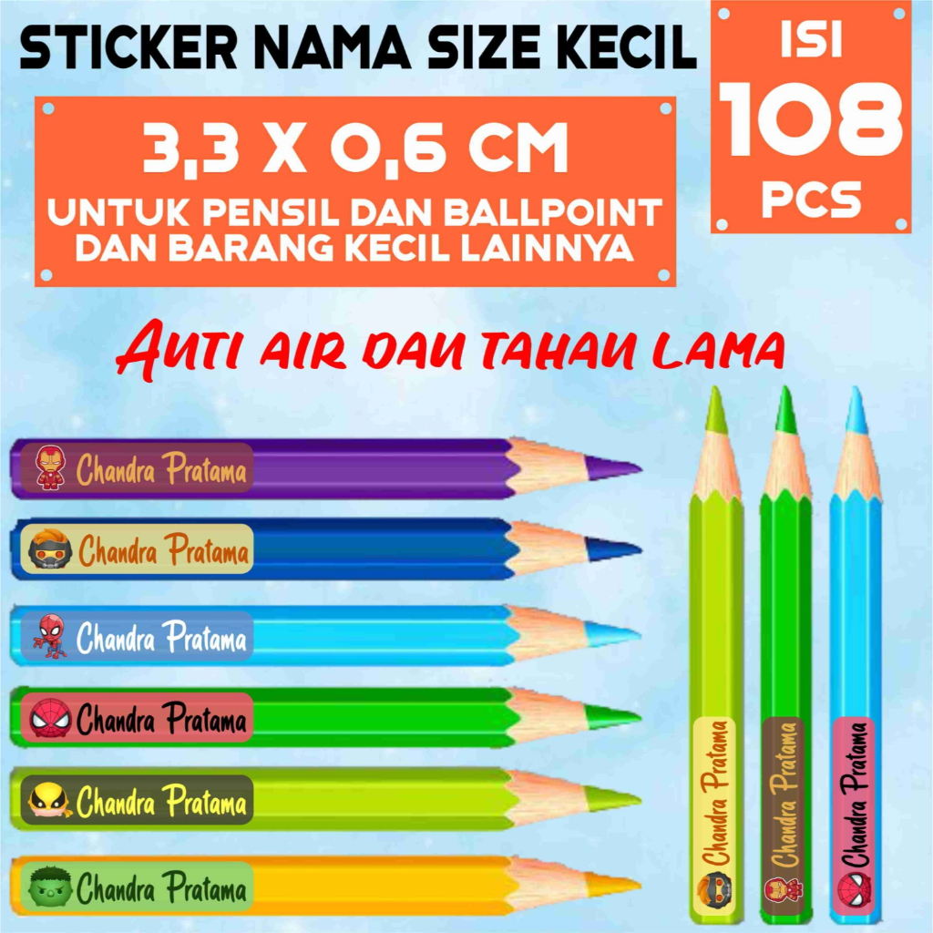 

Stiker Label Nama Anak Custom Ukuran Kecil isi 108 pcs Waterproof Tahan Air Sticker Buku Pensil Warna Pensil Label Botol Minum tempat makan