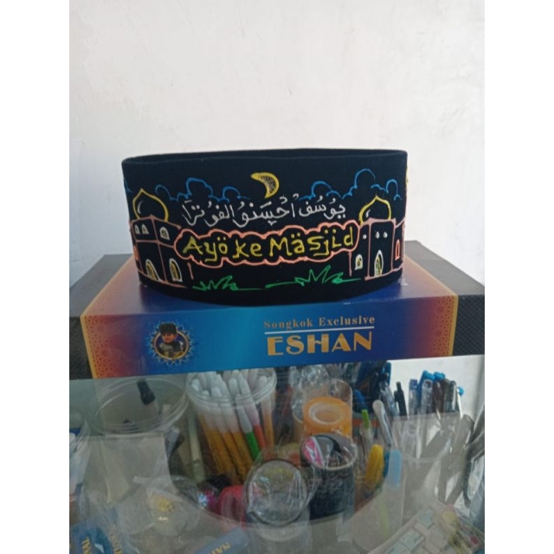 songkok lukis motif masjid gratis nama anak, peci lukis anak, karakter, kopiyah masjid gratis nama