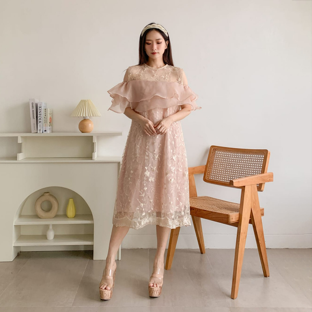 ARABELLA M L XL XXL Brokat Organza Sabrina Dress Natal Korean Style Gaun Pesta Kondangan Formal Mera