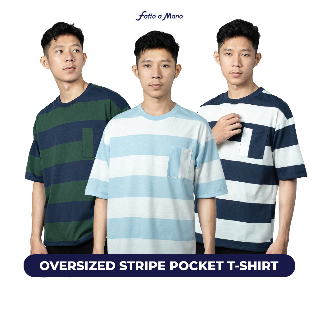 Fatto A Mano Kaos Cowok Garis Garis Oversized Salur Men T-Shirt Atasan Pria Stripe Pocket