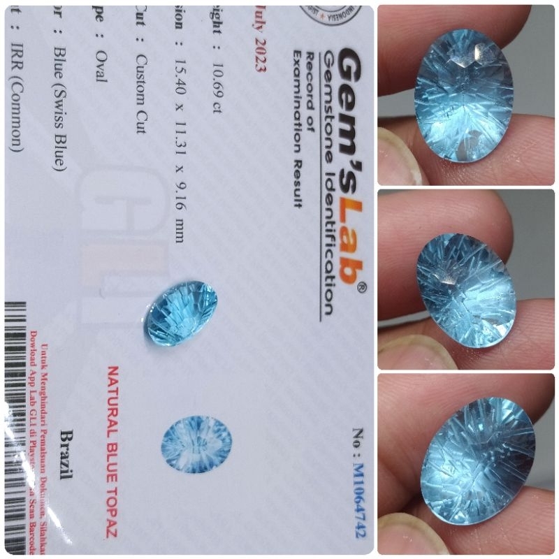 Natural Swiss Blue Topaz dalam 10,6 ct Custom Cut memo GLI