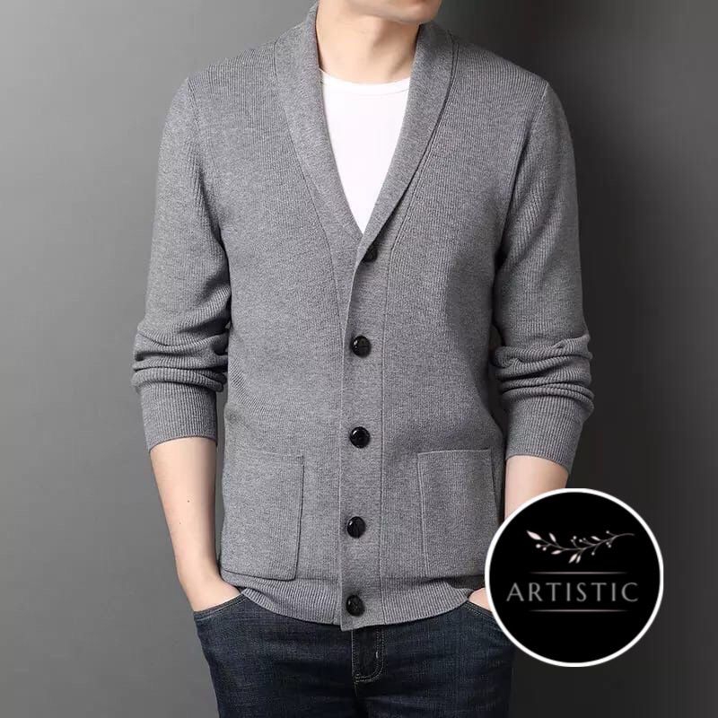 Sweater Cardigan Pria Korea Polos Casual Cotton Rajut Tebal Premium