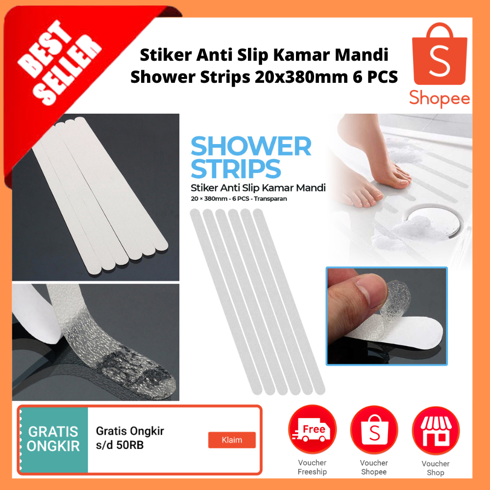 Stiker Anti Slip Kamar Mandi Shower Strips 20x380mm 6 PCS / Stiker Kest Alas Kamar Mandi untuk permu