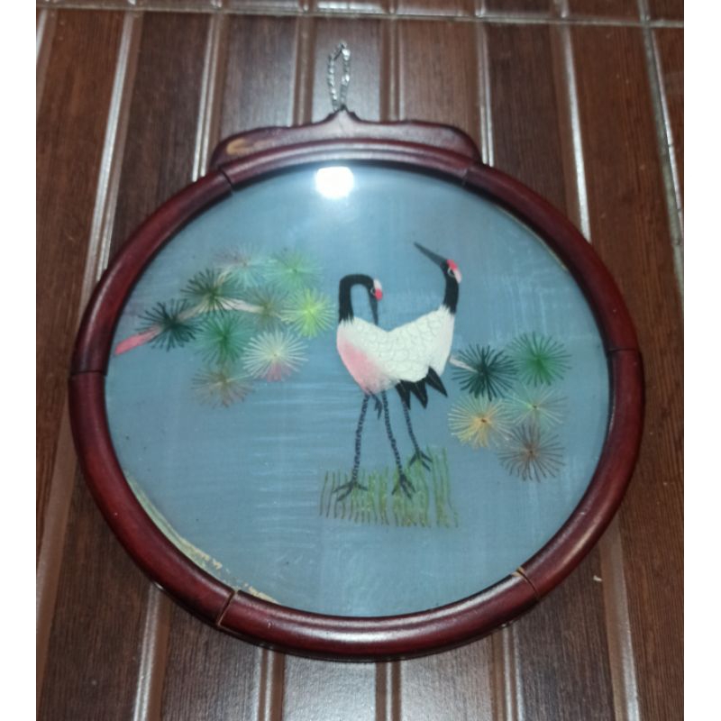 Pajangan Antik Jepang lukisan Bangau  depan blakang sama handmade:22cm