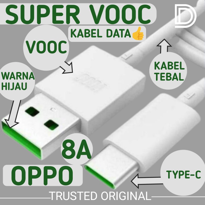Kabel Data OPPO A58 / A78 / A77S / A57 / A96 / A56 / A76 / A17K / OPPO Reno 10 Pro Plus / Reno 8 T 5G 4G Pro Z / OPPO Find N2 Flip OPPO Find X5 Pro / Usb Type-C Super VOOC 8A Original