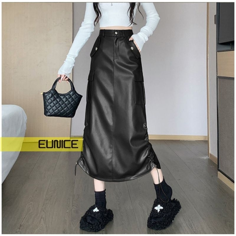 Rok Cargo Serut Kulit Panjang Korean Style