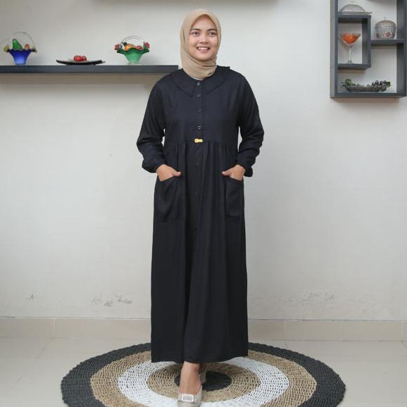 Midi Dress Gamis Wanita Polos Saku Full Kancing Rayon Twill Premium Adem Lembut