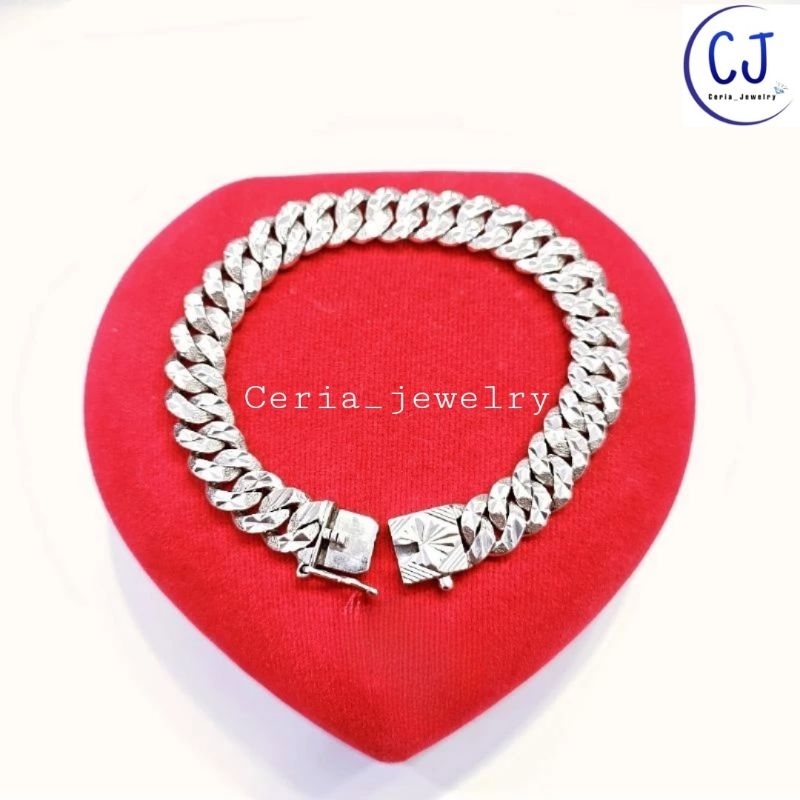 Gelang Pria Wanita Perak Asli Silver 925 Lapis Emas Putih Model Sisik Naga Ukir Pasir Padat - Perhia