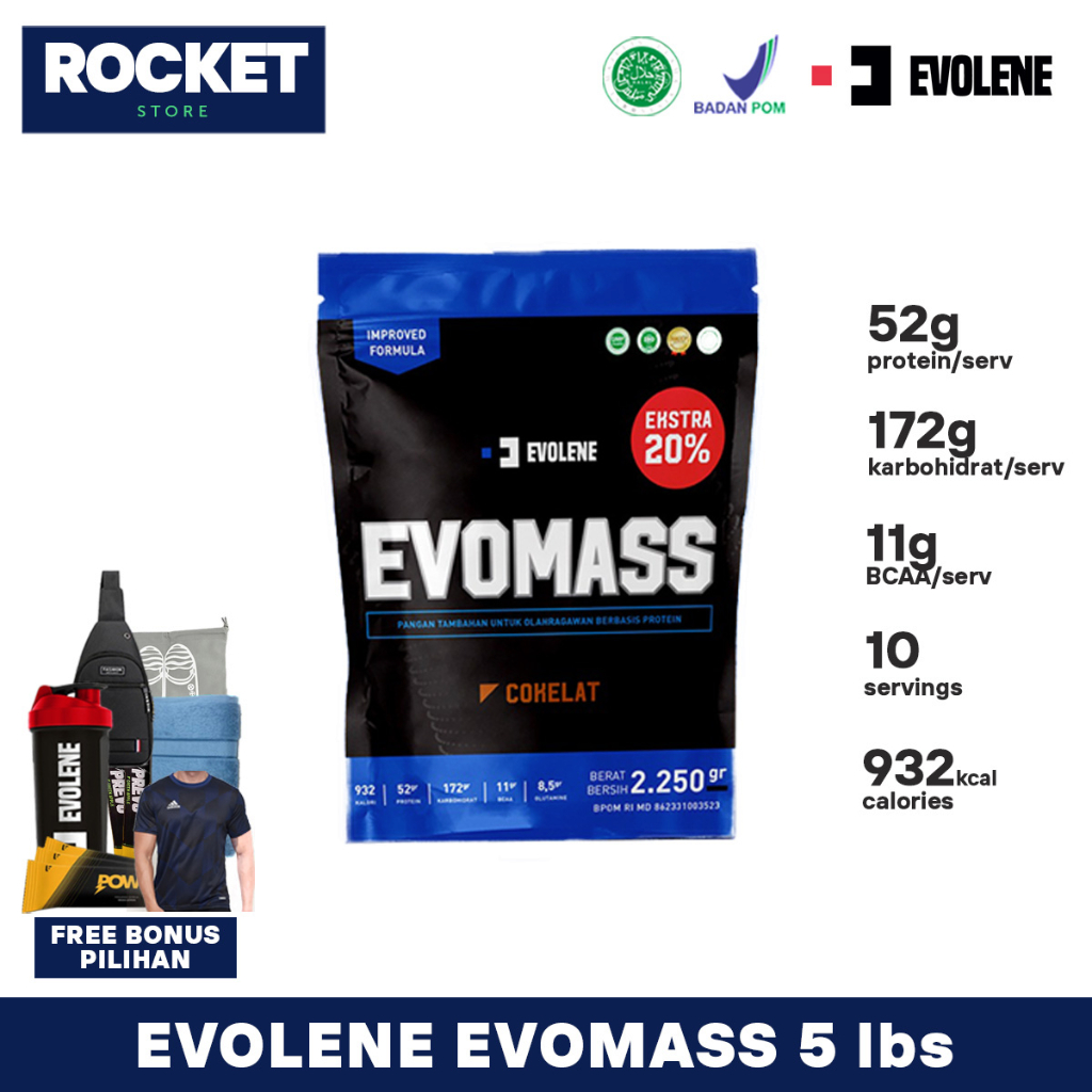 EVOLENE Evomass Mass Gainer 5 lbs 2250 gram 10 serving - Susu Bulking with Whey Protein