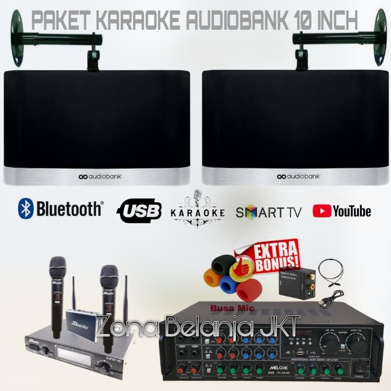 PAKET SOUND KARAOKE SET SPEAKER AUDIOBANK 10 INCH AMPLIFIER USB BLUETOOTH MIC WIRELESS ORIGINAL MURA