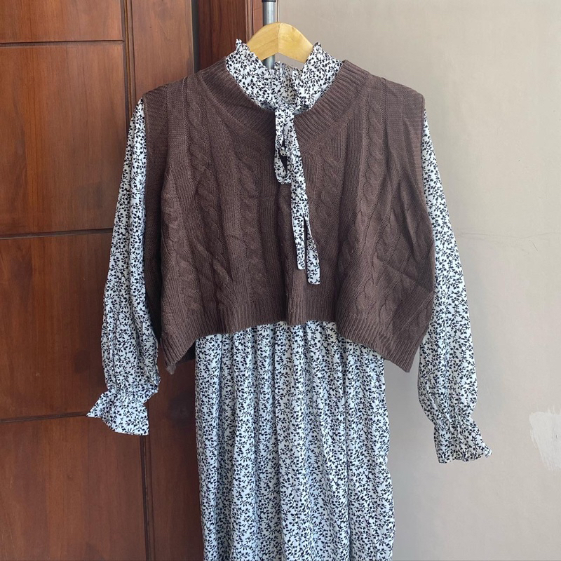 dress korean look tunik pita lengan balon terompet + vest rajut kepang crop oversize