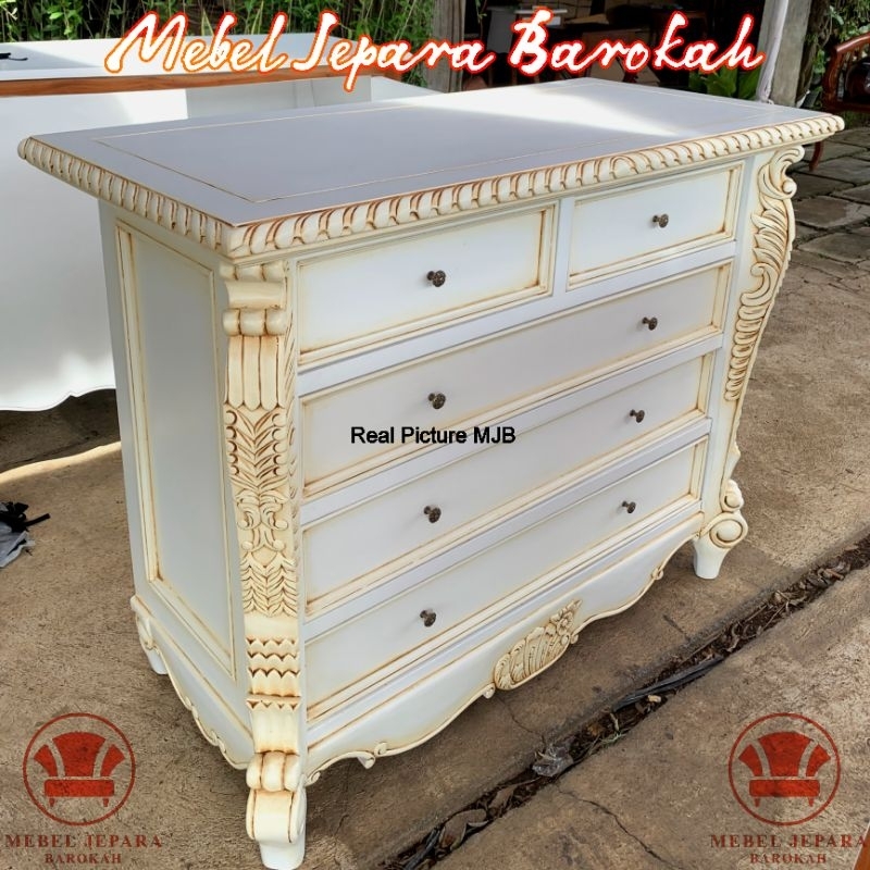 Meja Nakas Klasik Duco Putih Kayu Jati Ukir Lemari Drawer 5 Laci Minimalis dan Serbaguna