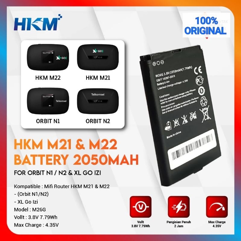 Original Baterai Mifi 2050mAh dan 3000mAh code M26G/M26MG untuk HKM M21 M22 N1 N2 Orbit N1 N2 - buka