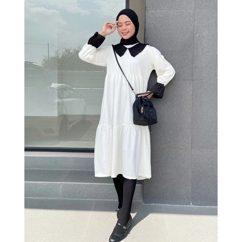 Maheera Long Tunik Midi Dress Rayon Premium Putih Combi Hitam