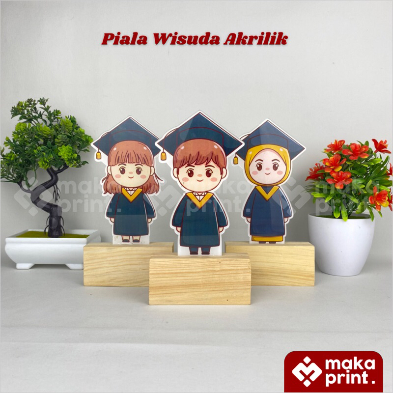 Piala Wisuda Akrilik (Sarjana) Tatakan Kayu - Piala Wisuda Akrilik Hijab Tua - Piala Akrilik Anak - 