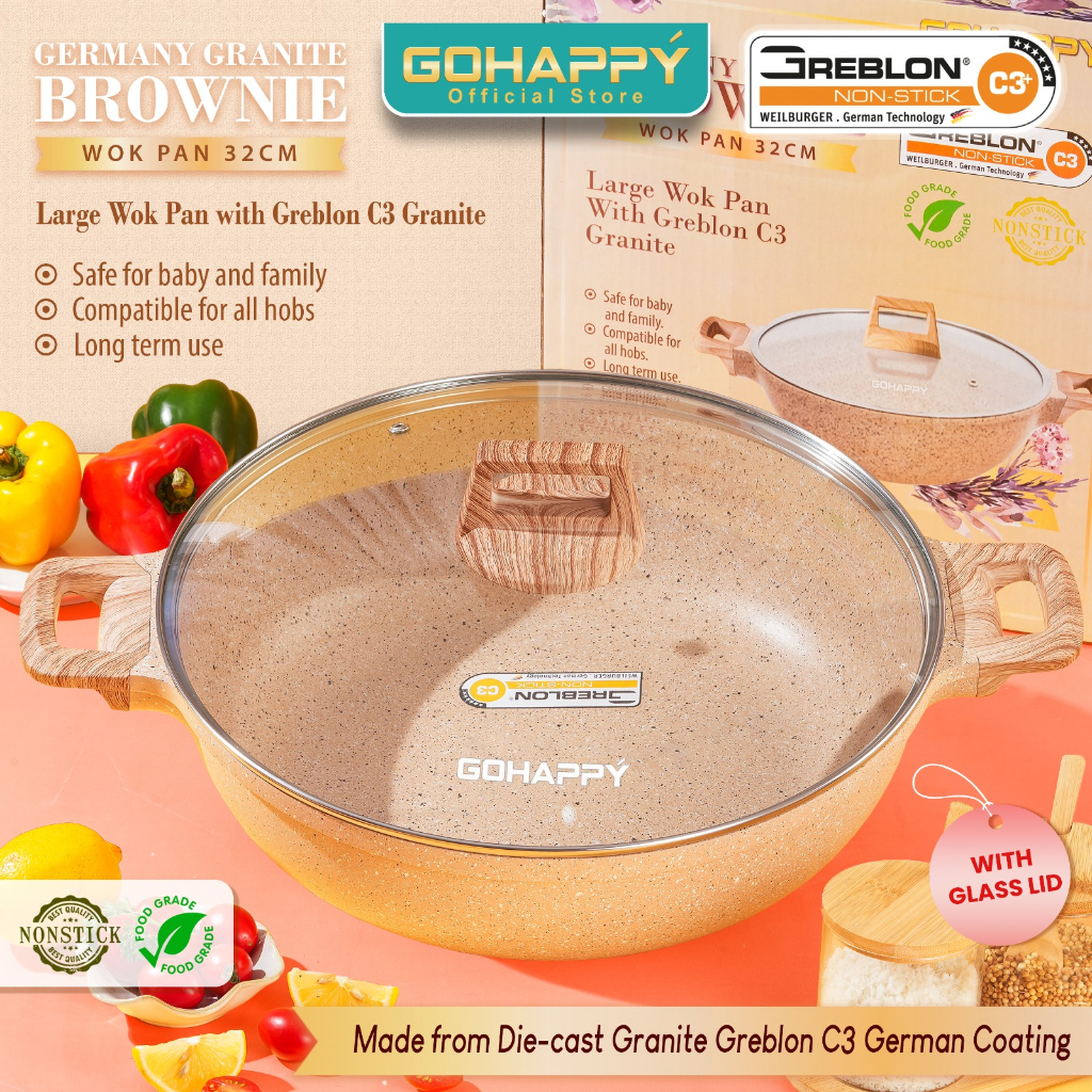 PANCI WOK PAN 32cm JUMBO KUALI Granite Greblon Germany GOHAPPY - WAJAN TEBAL ANTILENGKET Granit