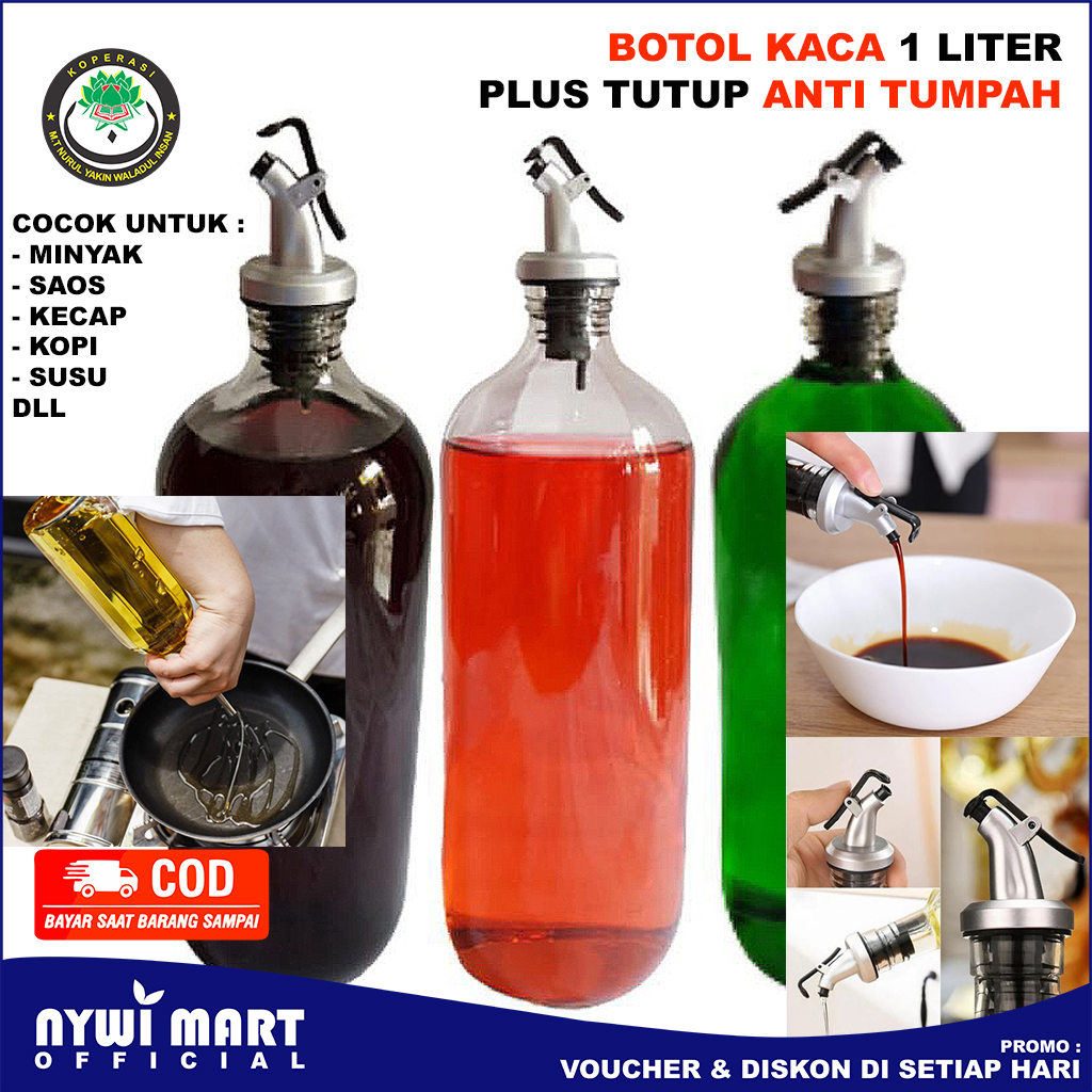 ANTI TUMPAH Botol Minyak Goreng 1 Liter Bahan Kaca Tebal Tahan Panas / Botol Kecap / Botol Saus / Te