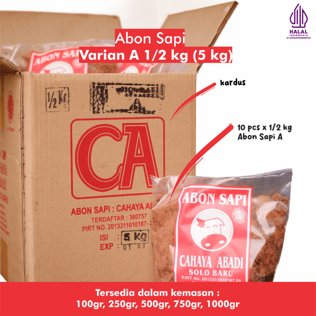 

GROSIR 5KG Cahaya Abadi Abon Sapi "A PACK 1/2 KG X 10 PCS