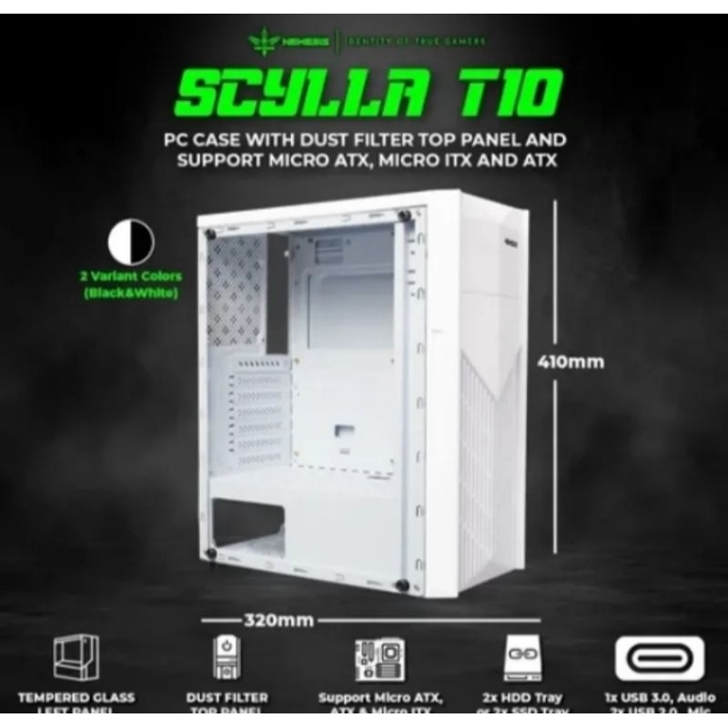casing PC Gaming NYK Nemesis T10 SCYLLA black&white- tempered glass