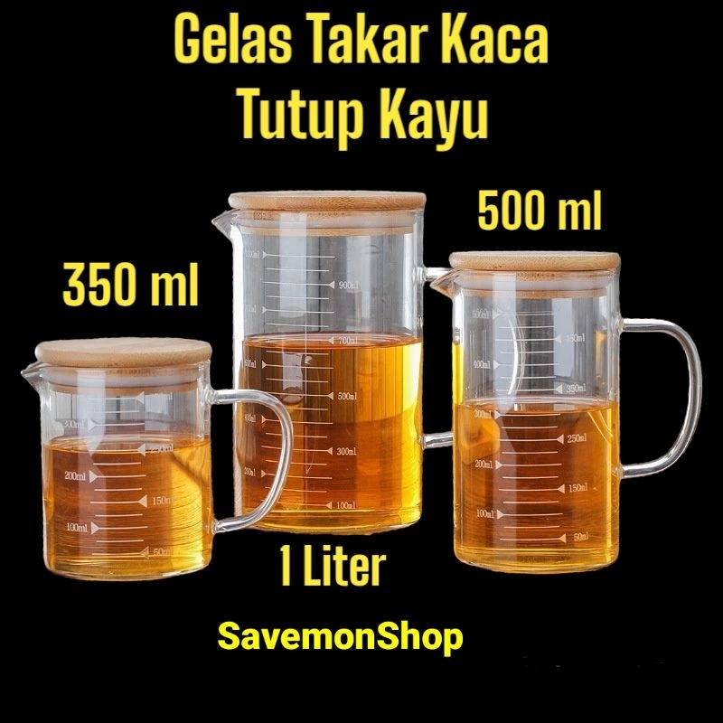 Gelas Takar Tutup Kayu 350/500/1000 ml Measuring Jug Glass Cup Gelas Ukur Tahan Panas Tutup Kayu Bot