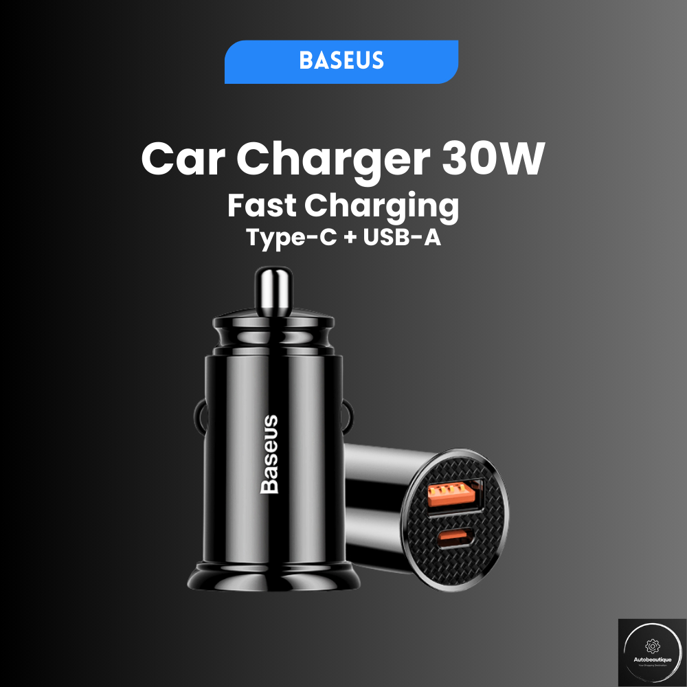BASEUS Mini Car Charger 30W Fast Charging Dual Port USB Type C QC4.0 PD3.0 Mobil Motor
