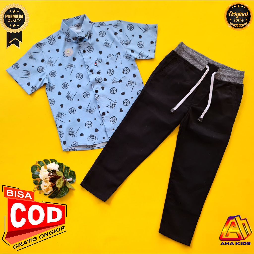 GRATIS ONGKIR|CODGaya Simpel Tampilan Elegan Setelan Kemeja Anak Motif Lengan Pendek Celana Chinos P
