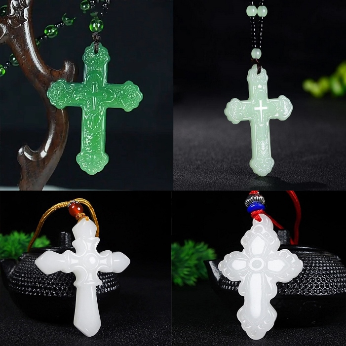 KALUNG BATU JADE GIOK NATURAL ORIGINAL ukiran Salib Yesus liontin