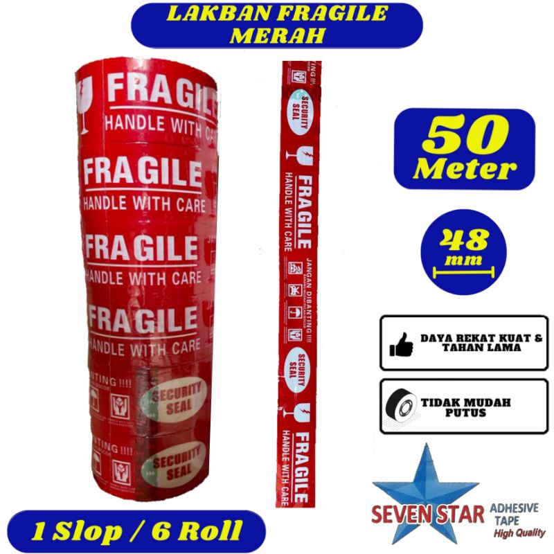 

Lakban Fragile Merah Seven Star 48mm x 50 meter Slop - Lakban Daya Rekat Kuat,Tidak Mudah Putus