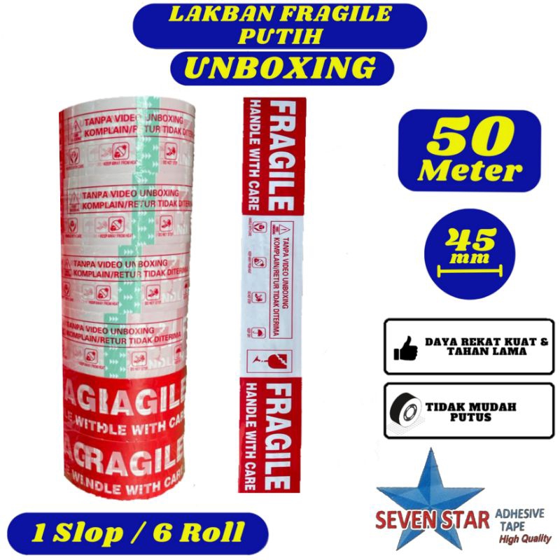 

Lakban Fragile Unboxing Putih Seven Star 45mm x 50 meter Slop - Lakban Daya Rekat Kuat,Tidak Mudah Putus