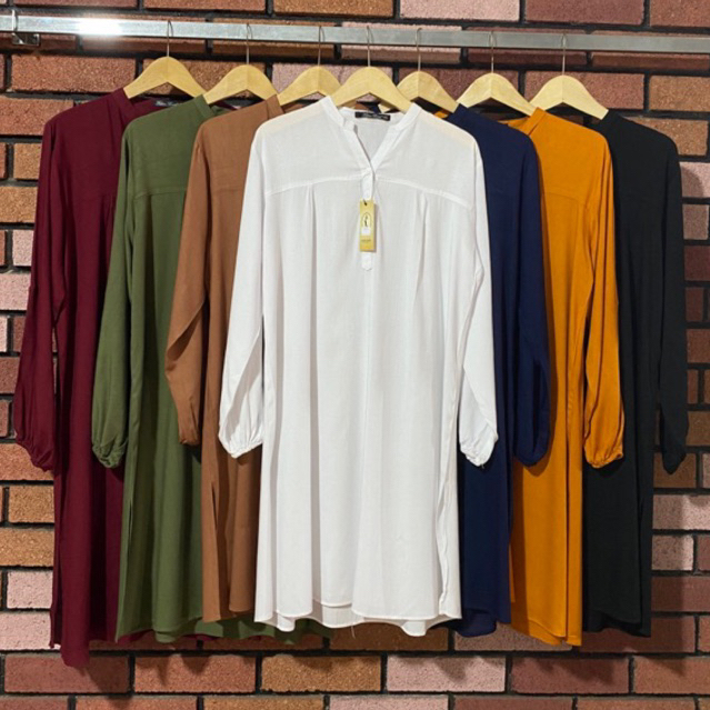 Long Tunik Atasan Polos Rayon Putih White Black Hitam Merah Maroon Hijau Army Kuning Mustard Biru Do